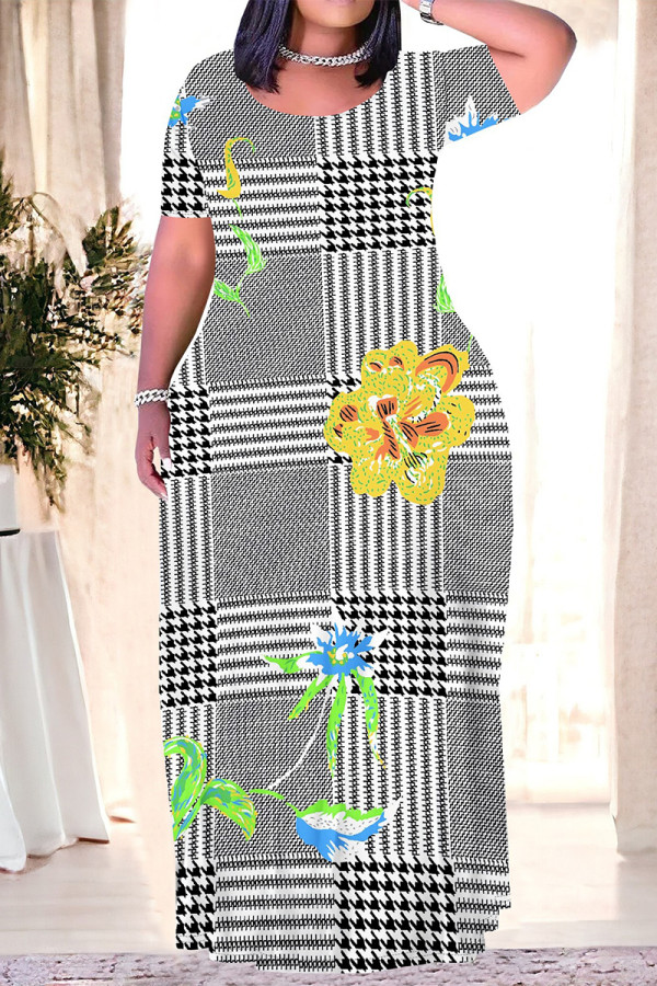 Yellow Casual Plaid Flowers Ombre Print Pocket Contrast O Neck Printed Plus Size Dresses