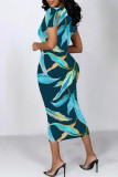 Red Elegant Floral Print Gradient Contrast O Neck Printed Short Sleeve Dress