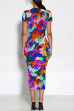Red Elegant Floral Print Gradient Contrast O Neck Printed Short Sleeve Dress