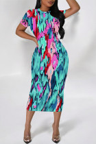 Lake Blue Elegant Floral Print Gradient Contrast O Neck Printed Short Sleeve Dress