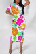 White Elegant Floral Print Flowers Contrast O Neck Printed Short Sleeve Dress