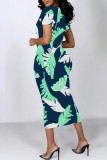 Fuchsia Elegant Floral Print Flowers Contrast O Neck Printed Short Sleeve Dress
