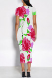 Fuchsia Elegant Floral Print Flowers Contrast O Neck Printed Short Sleeve Dress