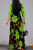 Baby Blue Elegant Floral Print Pocket With Belt Contrast V Neck Printed Dresses