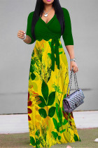 Green Yellow Elegant Floral Print Pocket With Belt Contrast V Neck Printed Dresses