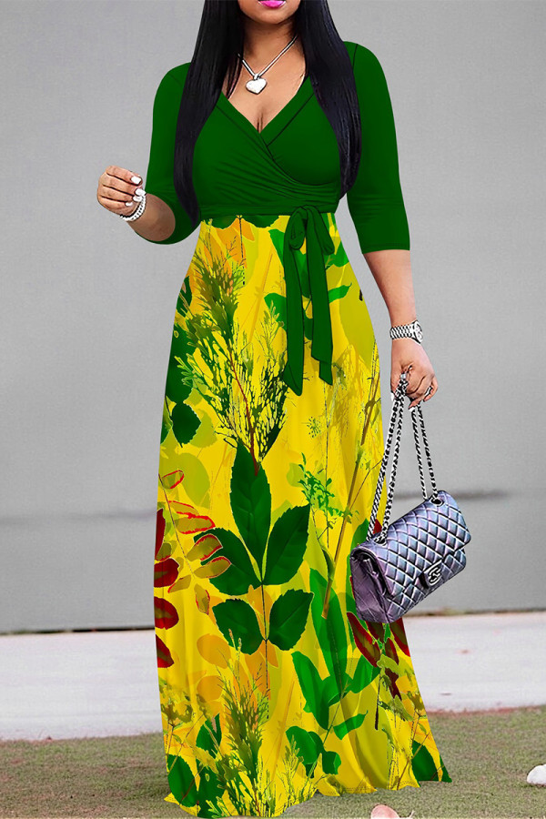 Green Yellow Elegant Floral Print Pocket With Belt Contrast V Neck Printed Dresses