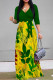 Green Yellow Elegant Floral Print Pocket With Belt Contrast V Neck Printed Dresses