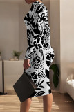 White Elegant Floral Print Contrast O Neck Printed Dresses