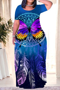 Blue Casual National Totem Floral Print Pocket Contrast O Neck Printed Plus Size Dresses