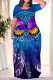 Blue Casual National Totem Floral Print Pocket Contrast O Neck Printed Plus Size Dresses