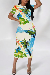 Apricot Elegant Floral Print Flowers Contrast O Neck Printed Short Sleeve Dress