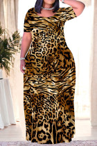 Yellow Brown Casual Leopard Print Tiger Stripes Pocket Contrast O Neck Printed Plus Size Dresses