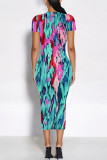 Red Elegant Floral Print Gradient Contrast O Neck Printed Short Sleeve Dress