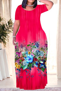 Rose Red Casual National Totem Floral Print Pocket Contrast O Neck Printed Plus Size Dresses