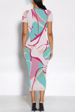 Red Elegant Floral Print Gradient Contrast O Neck Printed Short Sleeve Dress
