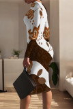 White Elegant Floral Print Contrast O Neck Printed Dresses