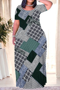 Gray Blue Casual Plaid Flowers Ombre Print Pocket Contrast O Neck Printed Plus Size Dresses