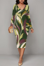 Green Casual Floral Print Ruched Contrast V Neck Printed Dresses