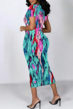 Red Elegant Floral Print Gradient Contrast O Neck Printed Short Sleeve Dress