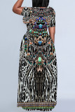 Blue Casual National Totem Floral Print Pocket Contrast O Neck Printed Plus Size Dresses