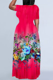 Blue Casual National Totem Floral Print Pocket Contrast O Neck Printed Plus Size Dresses