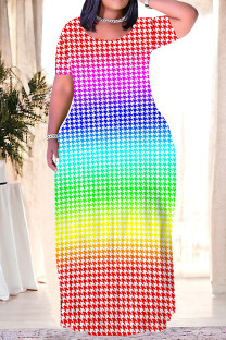 Gradient Color Casual Plaid Flowers Ombre Print Pocket Contrast O Neck Printed Plus Size Dresses