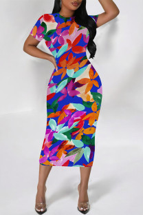 Deep Blue Elegant Floral Print Gradient Contrast O Neck Printed Short Sleeve Dress