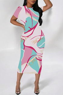 Pink Elegant Floral Print Gradient Contrast O Neck Printed Short Sleeve Dress