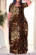 Dark Brown Casual Leopard Print Tiger Stripes Pocket Contrast O Neck Printed Plus Size Dresses
