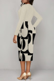 Light Khaki Casual Floral Print Ruched Contrast V Neck Printed Dresses