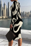 White Elegant Floral Print Contrast O Neck Printed Dresses