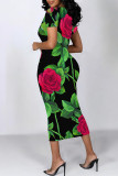 Fuchsia Elegant Floral Print Flowers Contrast O Neck Printed Short Sleeve Dress