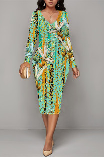 Turquoise Casual Floral Print Ruched Contrast V Neck Printed Dresses