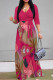 Rose Red Elegant Floral Print Pocket With Belt Contrast V Neck Printed Dresses
