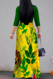 Baby Blue Elegant Floral Print Pocket With Belt Contrast V Neck Printed Dresses