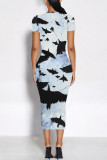Red Elegant Floral Print Gradient Contrast O Neck Printed Short Sleeve Dress