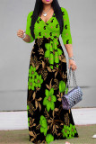 Baby Blue Elegant Floral Print Pocket With Belt Contrast V Neck Printed Dresses