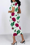 Fuchsia Elegant Floral Print Flowers Contrast O Neck Printed Short Sleeve Dress