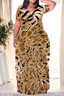 Yellow Casual Leopard Print Tiger Stripes Pocket Contrast O Neck Printed Plus Size Dresses
