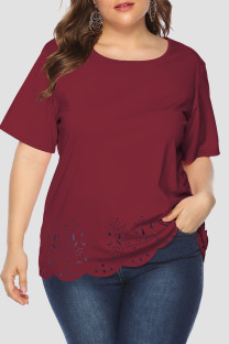 Burgundy Casual Solid Color Hollow Out Patchwork O Neck Plus Size Tops