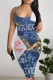 Blue Sexy Floral Print Letters Contrast U Neck Printed Dresses