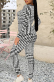 White Grey Casual Plaid Camouflage Print Contrast O Neck Long Sleeve Two Pieces