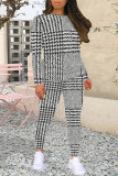 White Grey Casual Plaid Camouflage Print Contrast O Neck Long Sleeve Two Pieces