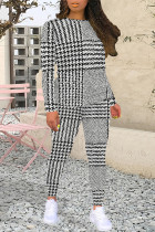 White Grey Casual Plaid Camouflage Print Contrast O Neck Long Sleeve Two Pieces