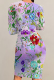 Light Blue Elegant Floral Print Contrast O Neck Printed Dresses