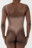 Grey Daily Solid Color Lace Patchwork Spaghetti Strap Skinny Bodysuits