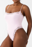 Grey Daily Solid Color Lace Patchwork Spaghetti Strap Skinny Bodysuits