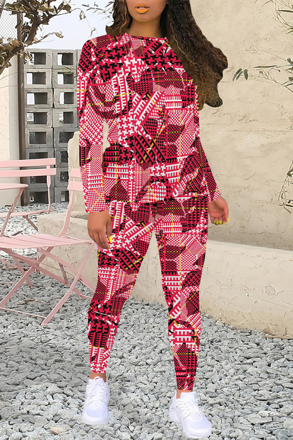 Red Casual Plaid Camouflage Print Contrast O Neck Long Sleeve Two Pieces