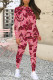 Red Casual Plaid Camouflage Print Contrast O Neck Long Sleeve Two Pieces