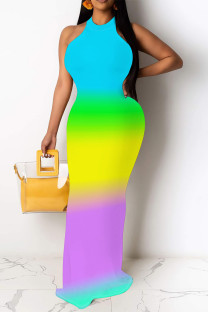 Gradient Color Casual Plaid Striped Print Gradient Contrast O Neck Long Dresses